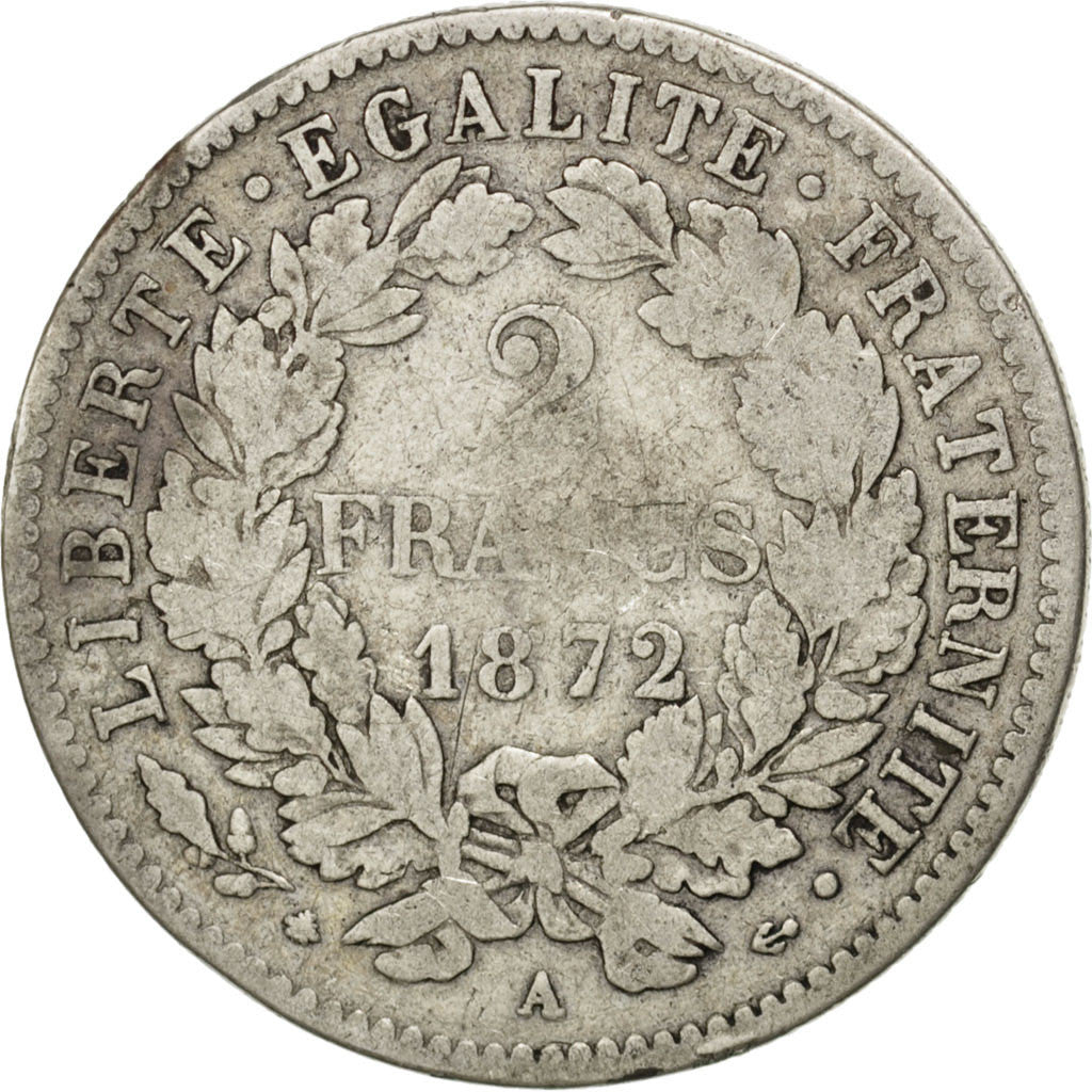 Moneta, Francia, Cérès, 2 Francs, 1872, Paris, B+, Argento, KM:817.1