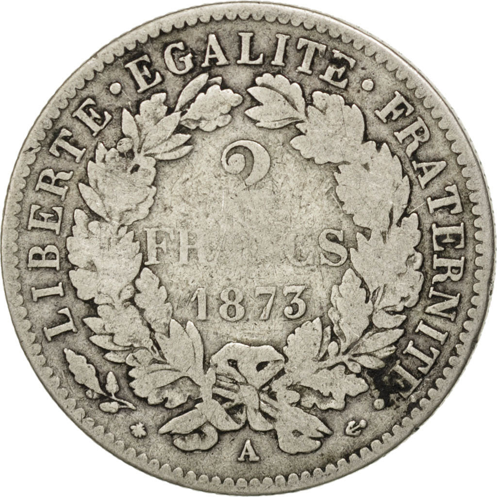 FRANCE, Cérès, 2 Francs, 1873, Paris, KM #817.1, F(12-15), Silver, 27, Gadoury #