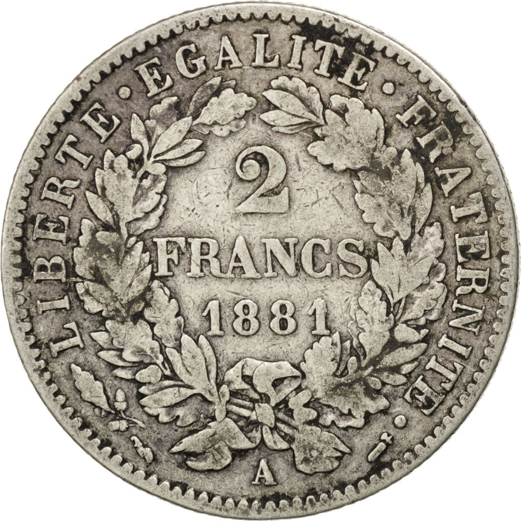 FRANCE, Cérès, 2 Francs, 1881, Paris, KM #817.1, VF(30-35), Silver, 27, Gadoury 