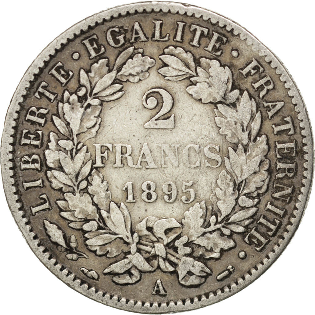 FRANCE, Cérès, 2 Francs, 1895, Paris, KM #817.1, VF(30-35), Silver, 27, Gadoury 
