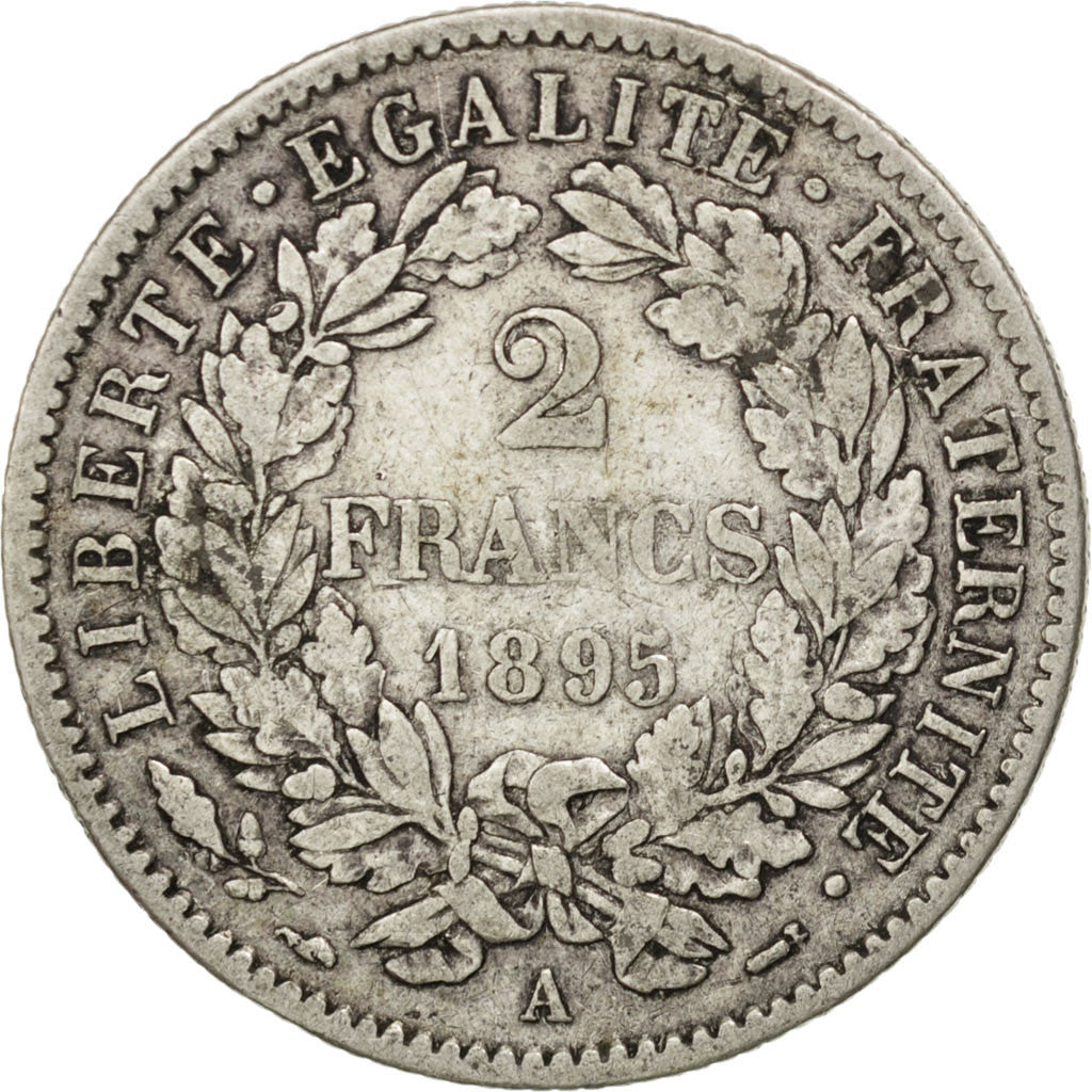 FRANCE, Cérès, 2 Francs, 1895, Paris, KM #817.1, VF(30-35), Silver, 27, Gadoury