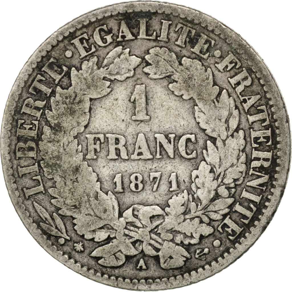 FRANCE, Cérès, Franc, 1871, Paris, KM #822.1, F(12-15), Silver, 23, Gadoury #465