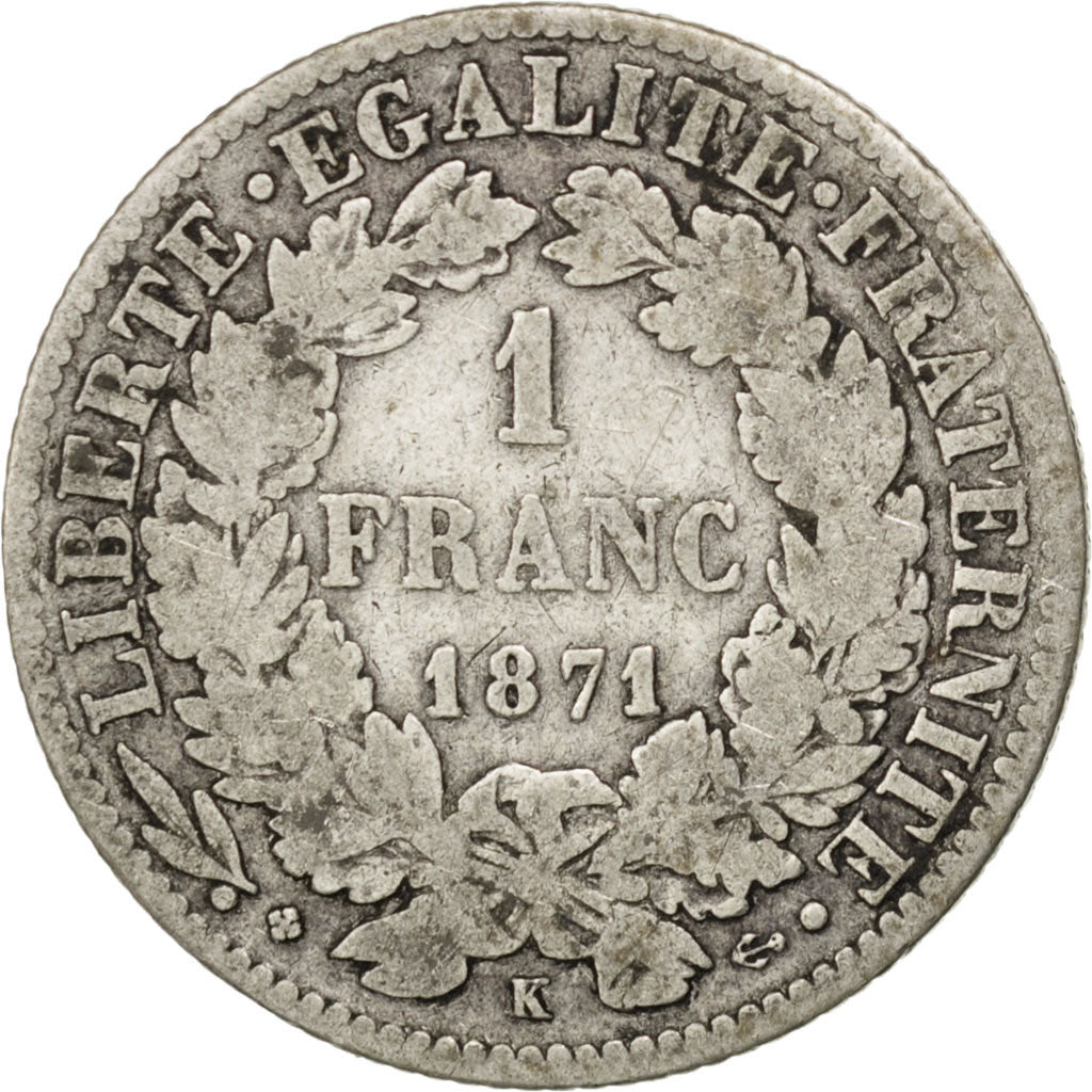 Monnaie, France, Cérès, Franc, 1871, Bordeaux, TB, Argent, KM:822.2