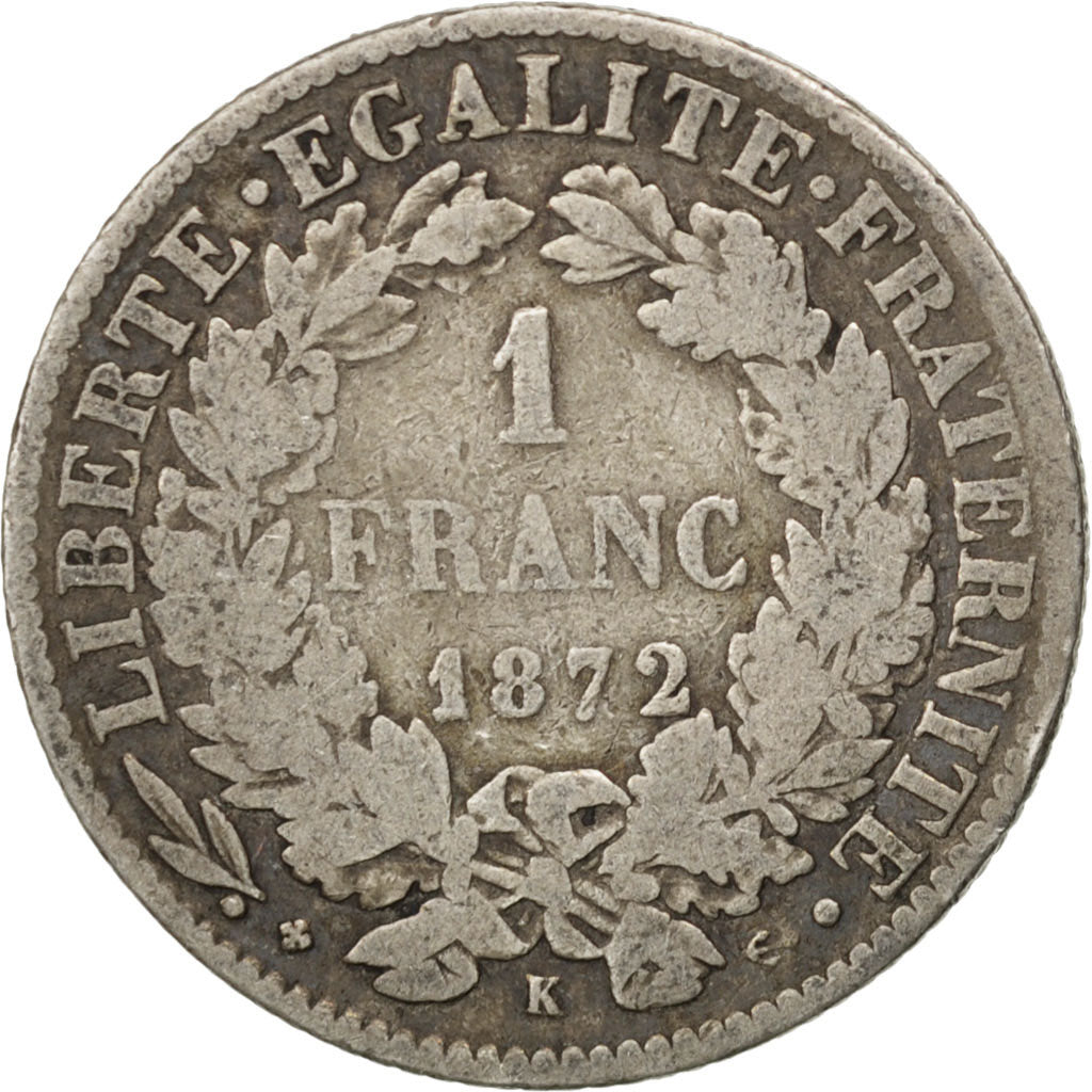 FRANCE, Cérès, Franc, 1872, Bordeaux, KM #822.2, VF(20-25), Silver, 23, Gadoury 