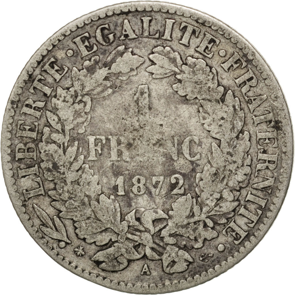 Moneda, Francia, Cérès, Franc, 1872, Paris, BC, Plata, KM:822.1, Gadoury:465a