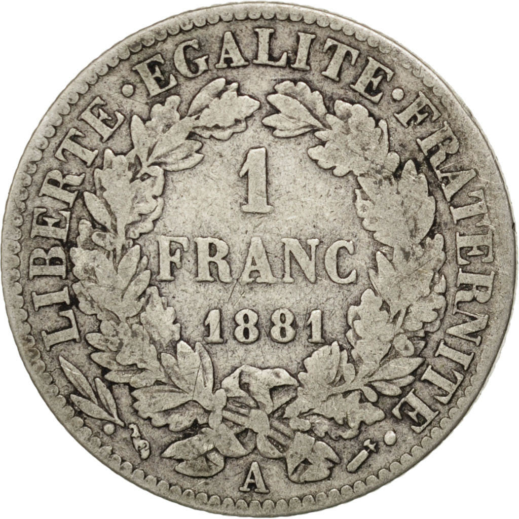 Monnaie, France, Cérès, Franc, 1881, Paris, TB, Argent, KM:822.1, Gadoury:465a