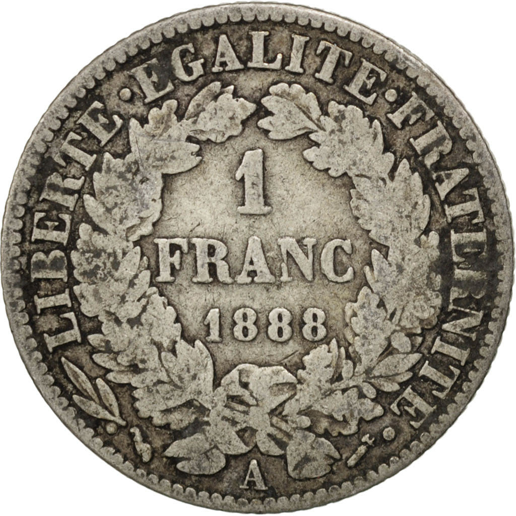 FRANCE, Cérès, Franc, 1888, Paris, KM #822.1, F(12-15), Silver, 23, Gadoury #...