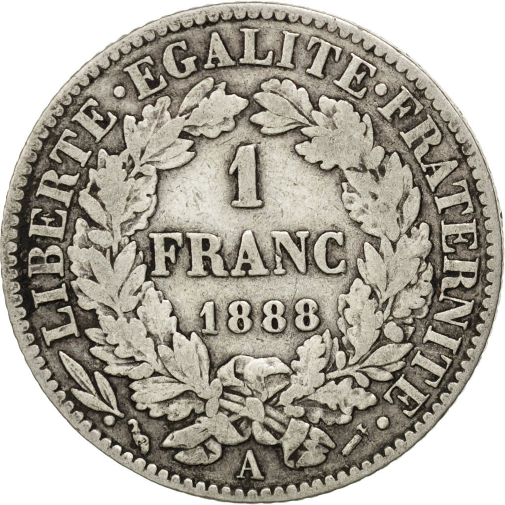 FRANCE, Cérès, Franc, 1888, Paris, KM #822.1, VF(20-25), Silver, 23, Gadoury #..