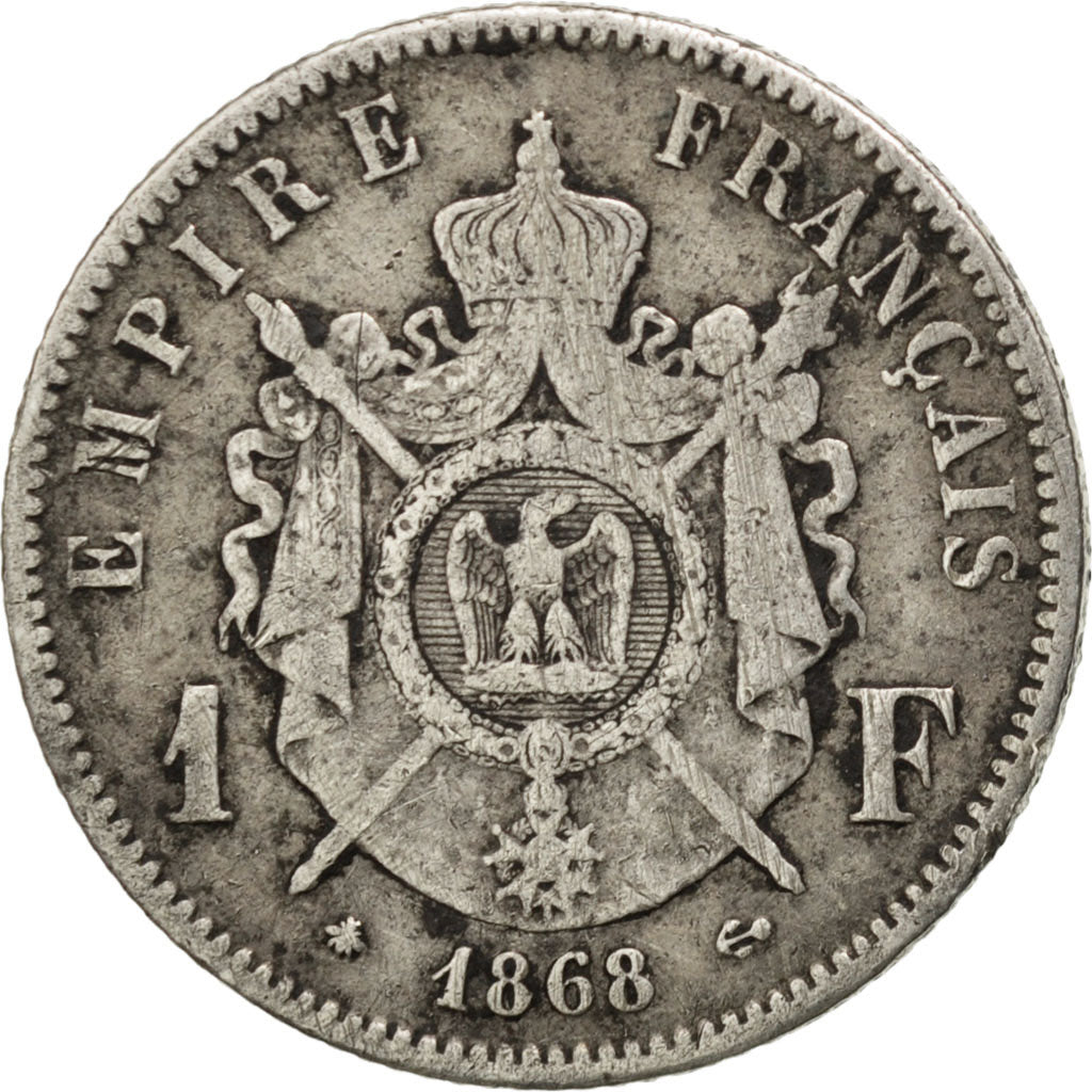 FRANCE, Napoléon III, Franc, 1868, Paris, KM #806.1, VF(20-25), Silver, Gadoury 