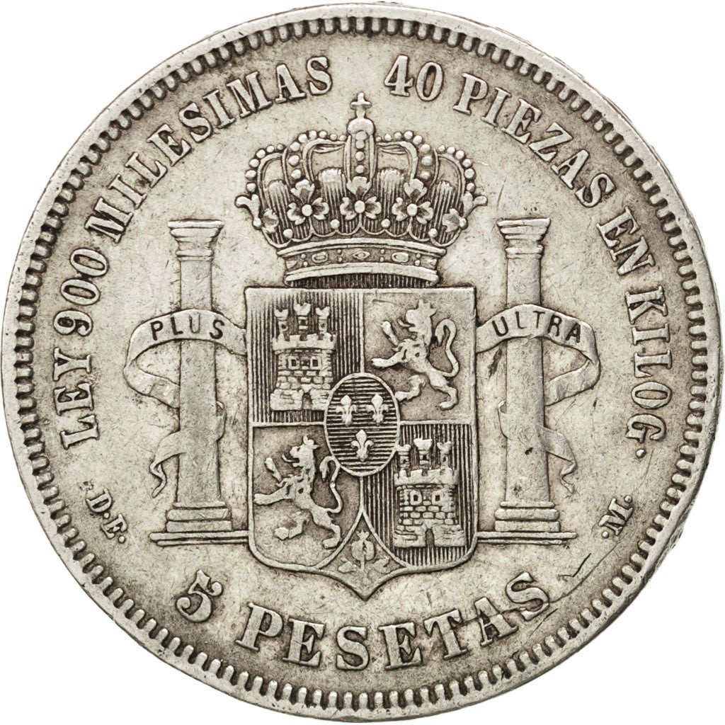 Spain, 5 Pesetas, 1875, KM #671, AU(50-53), Silver, 24.85