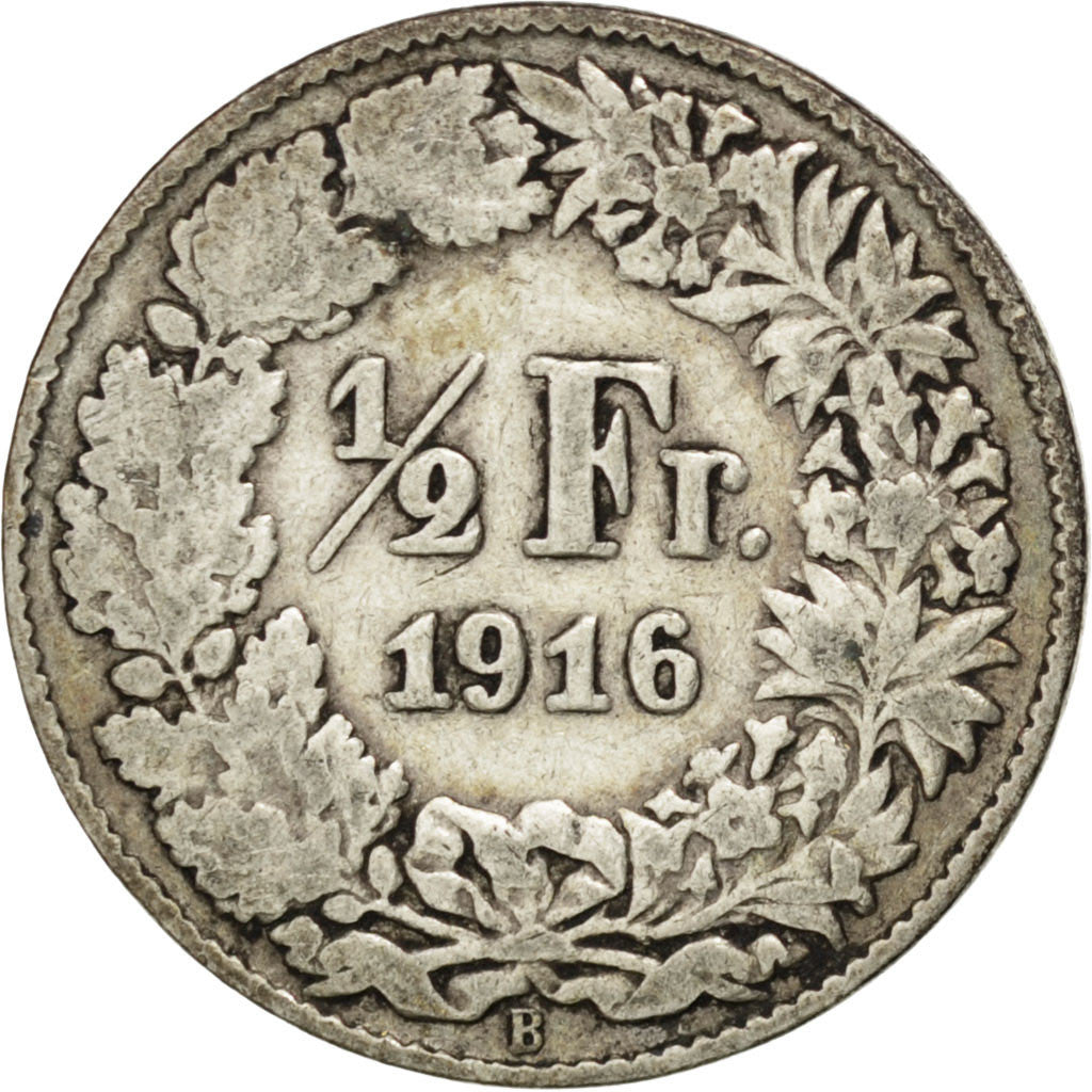 SWITZERLAND, 1/2 Franc, 1916, Bern, KM #23, VF(20-25), Silver, 18.2, 2.42
