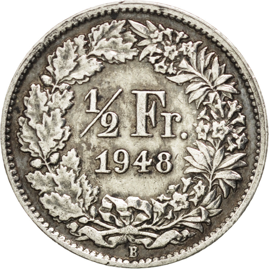 SWITZERLAND, 1/2 Franc, 1948, Bern, KM #23, AU(50-53), Silver, 18.2, 2.49