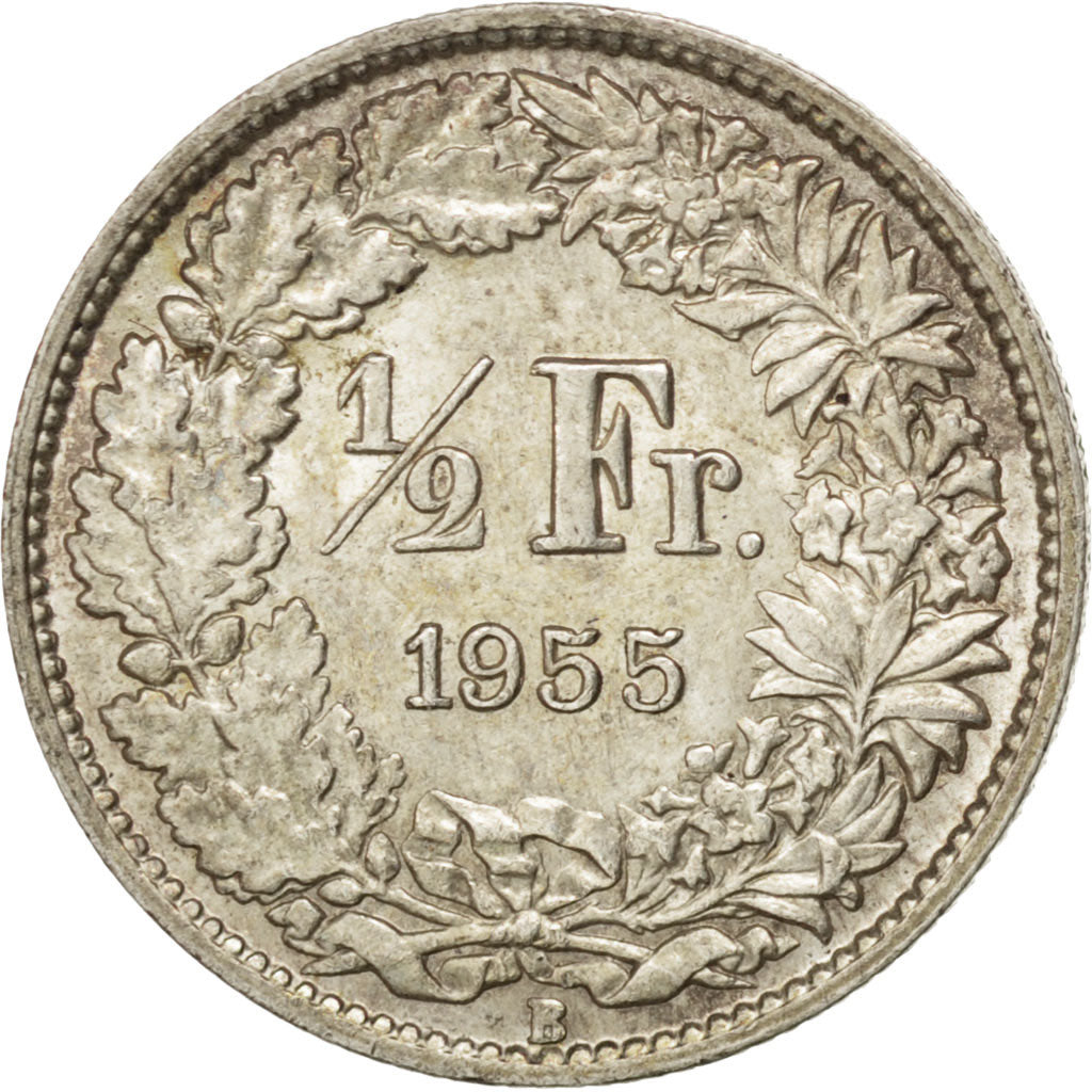 SWITZERLAND, 1/2 Franc, 1955, Bern, KM #23, AU(55-58), Silver, 18.2, 2.49