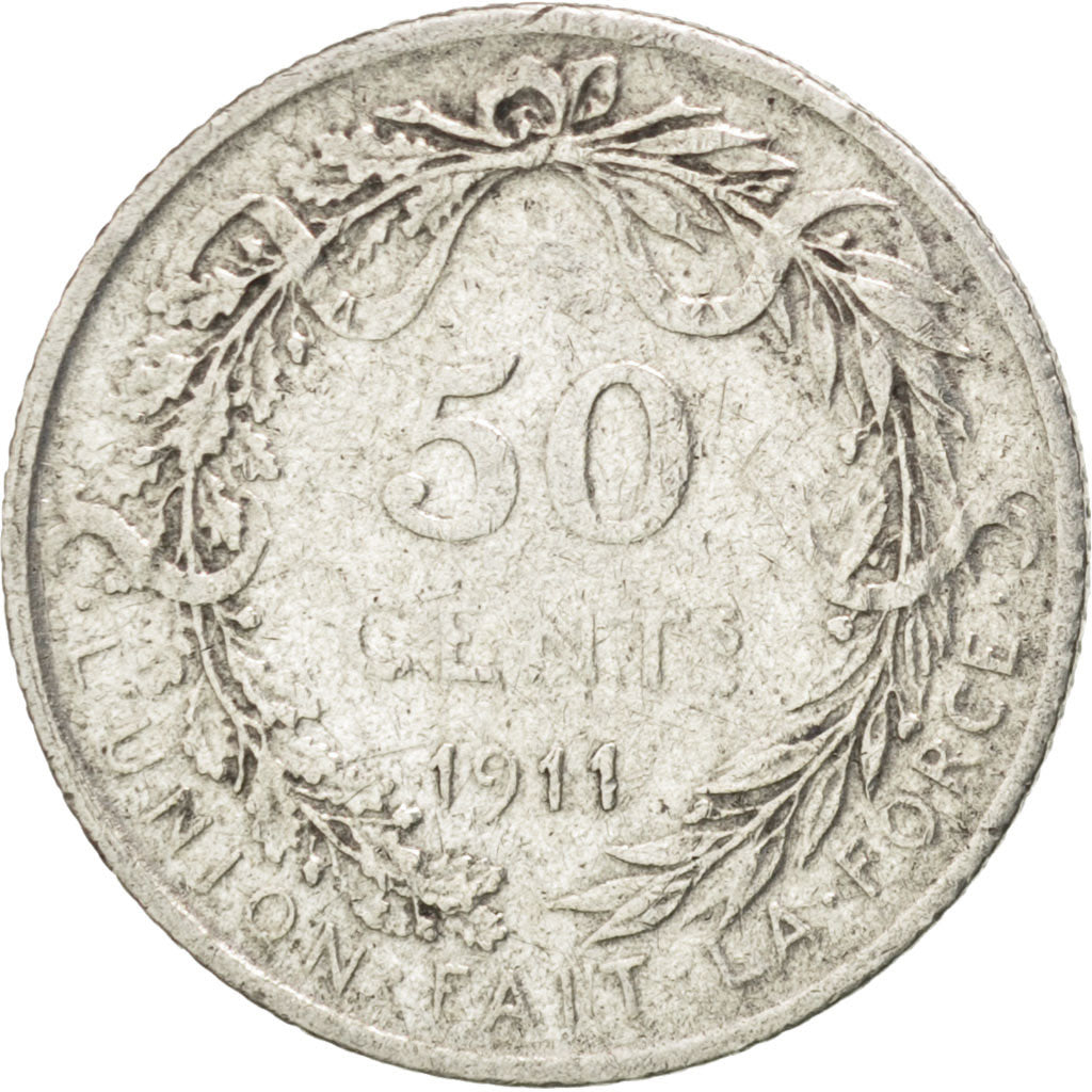 BELGIUM, 50 Centimes, 1911, KM #70, VF(30-35), Silver, 18., 2.47