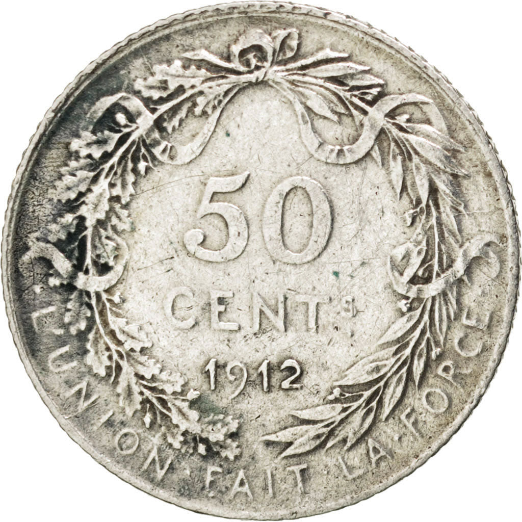 BELGIUM, 50 Centimes, 1912, KM #70, EF(40-45), Silver, 18., 2.49
