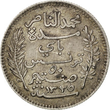 Monnaie, Tunisie, Muhammad al-Nasir Bey, 50 Centimes, 1917, Paris, TTB, Argent