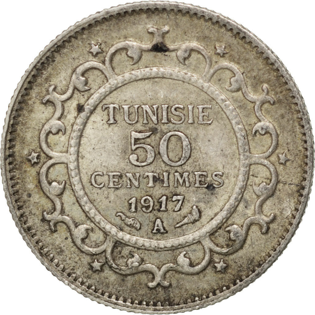 Coin, Tunisia, Muhammad al-Nasir Bey, 50 Centimes, 1917, Paris, EF(40-45)