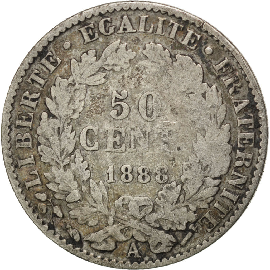 FRANCE, Cérès, 50 Centimes, 1888, Paris, KM #834.1, VF(20-25), Silver, 18, G...