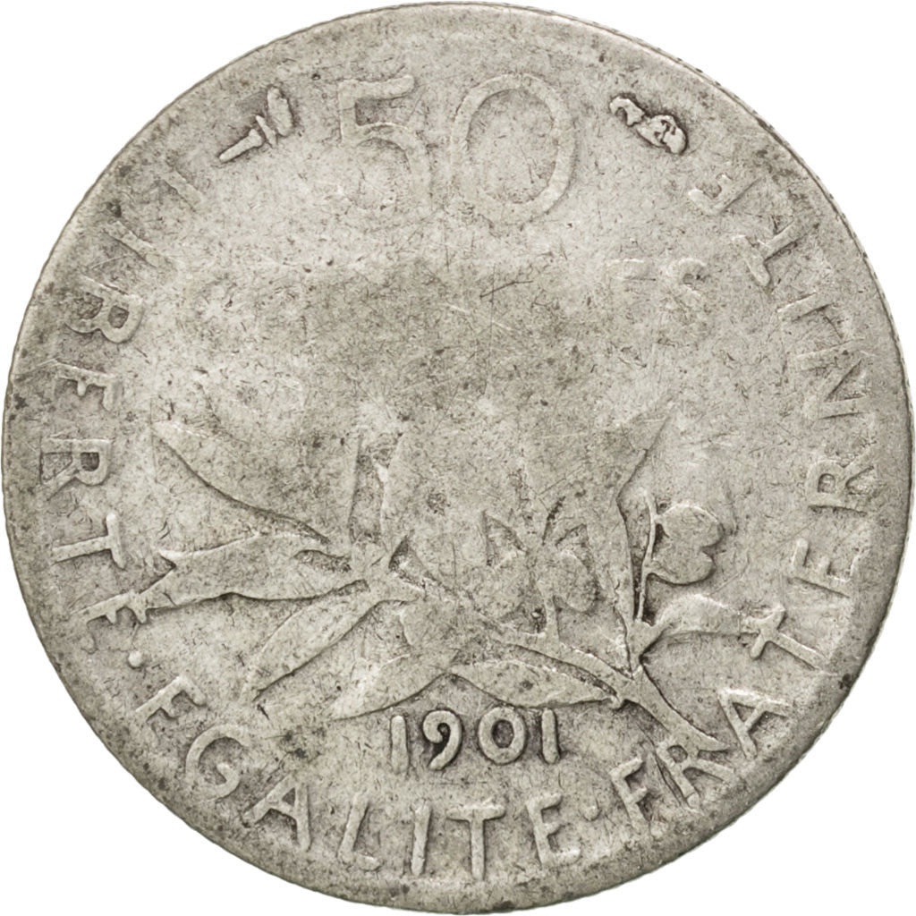Moneda, Francia, Semeuse, 50 Centimes, 1901, BC, Plata, KM:854, Gadoury:420