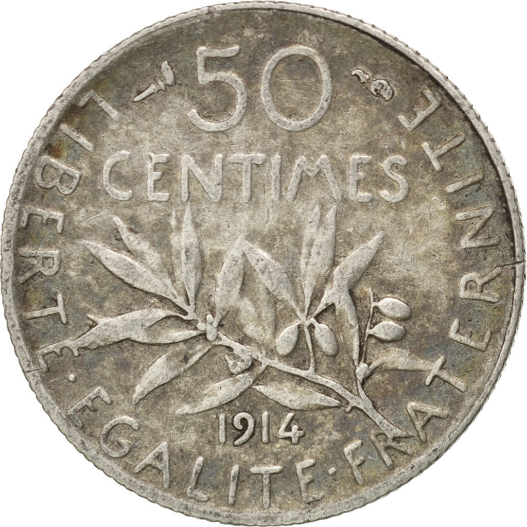 Moneda, Francia, Semeuse, 50 Centimes, 1914, MBC, Plata, KM:854, Gadoury:420