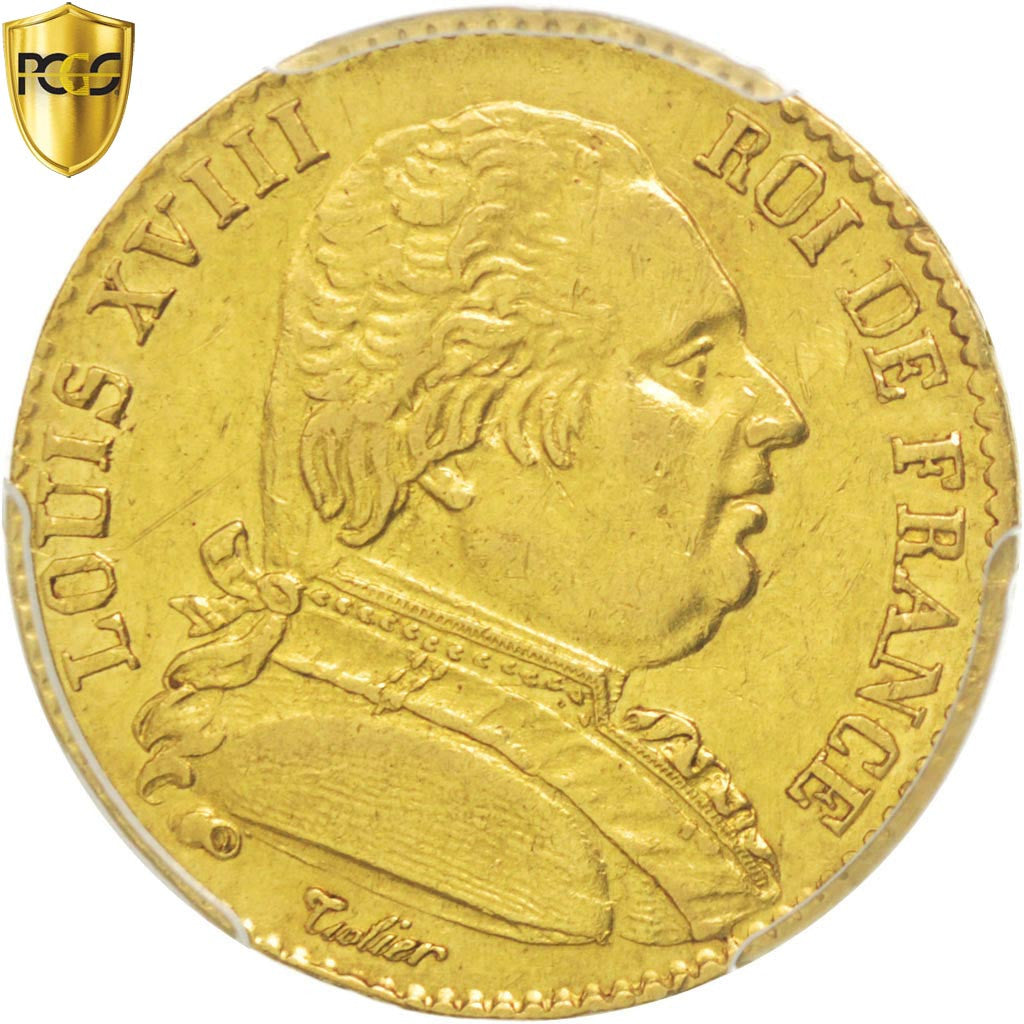 France, Louis XVIII, 20 Francs, 1815 W, Gold, KM:706.6, PCGS AU55