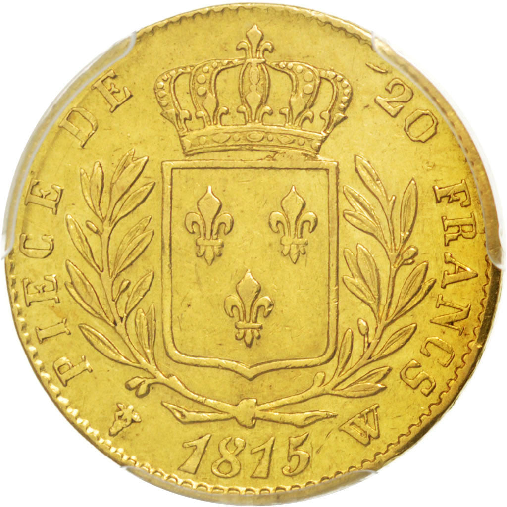 France, Louis XVIII, 20 Francs, 1815 W, Gold, KM:706.6, PCGS AU55