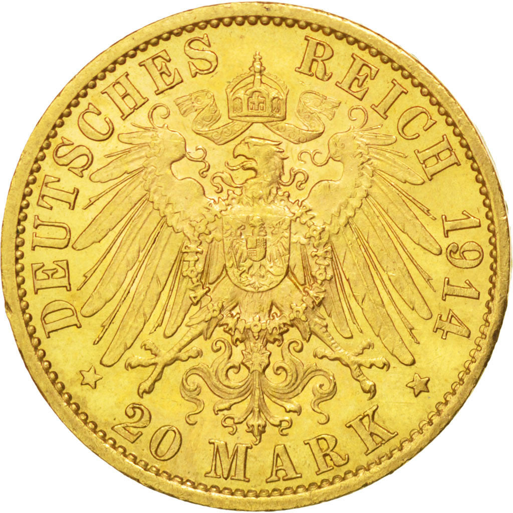 German States, 20 Mark, 1914, Berlin, KM #537, AU(55-58), Gold, 7.97