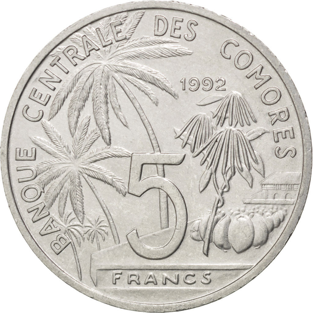 COMOROS, 5 Francs, 1992, Paris, KM #15, AU(55-58), Aluminum, 31, 3.82