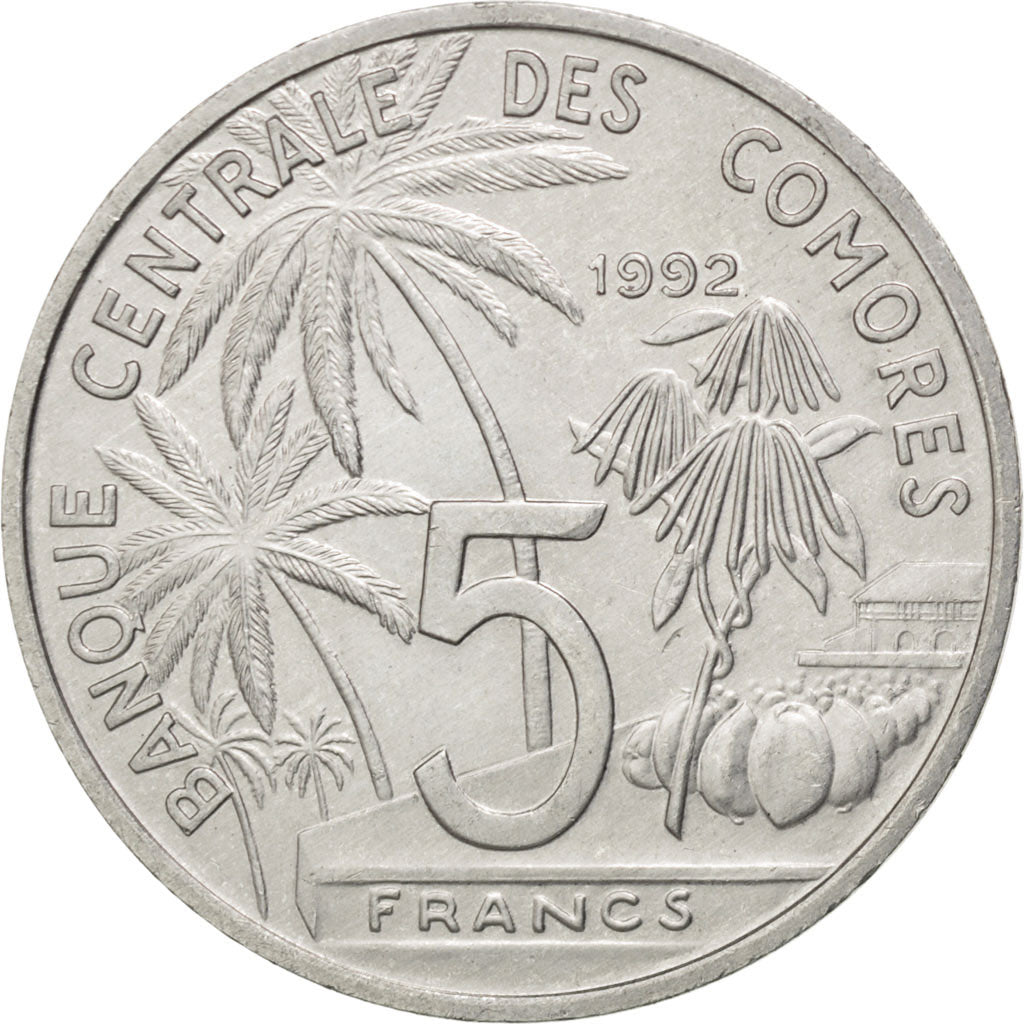 Coin, Comoros, 5 Francs, 1992, AU(55-58), Aluminum, KM:15