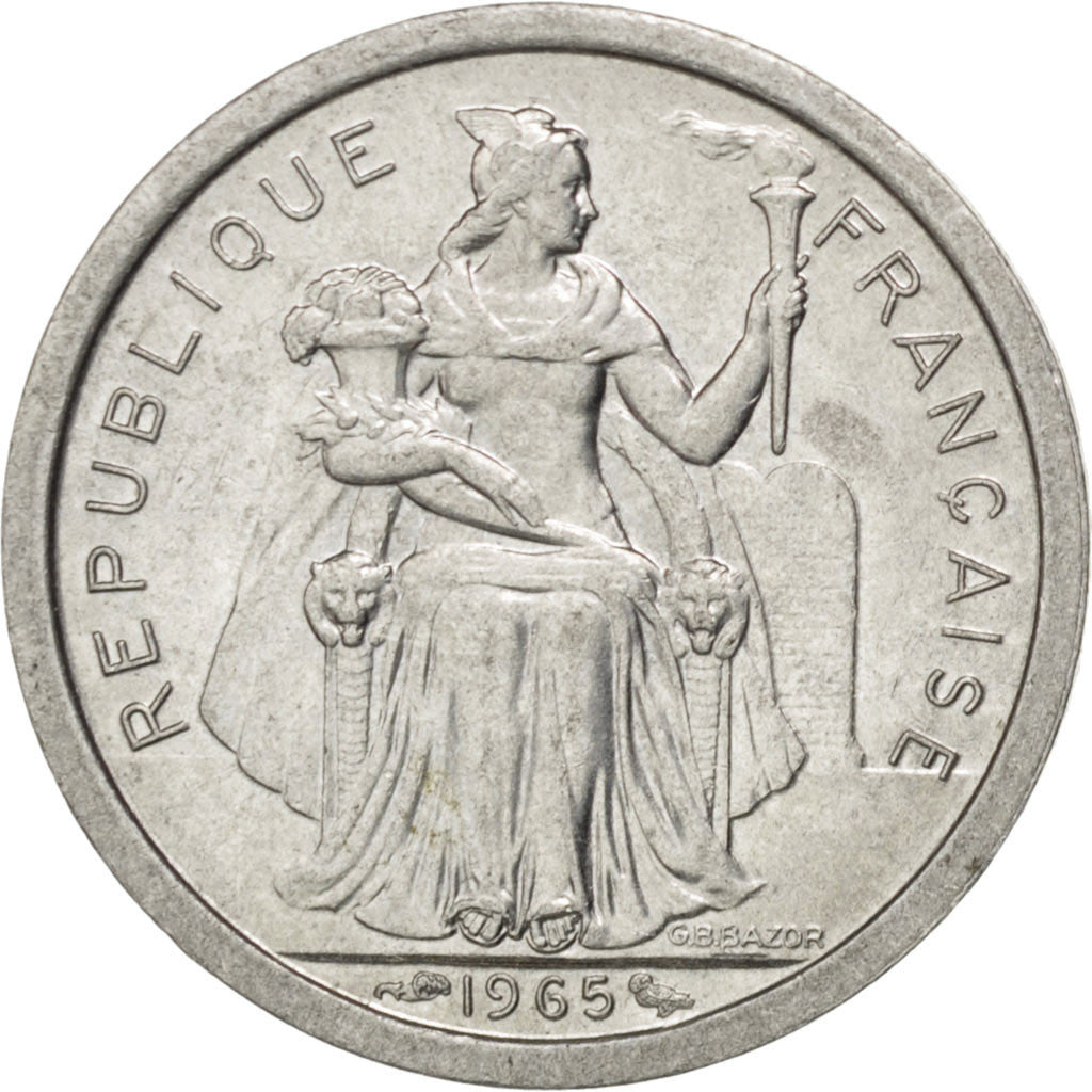 FRENCH POLYNESIA, Franc, 1965, KM #2, AU(55-58), Aluminum, 23, Lecompte #2, 1.29
