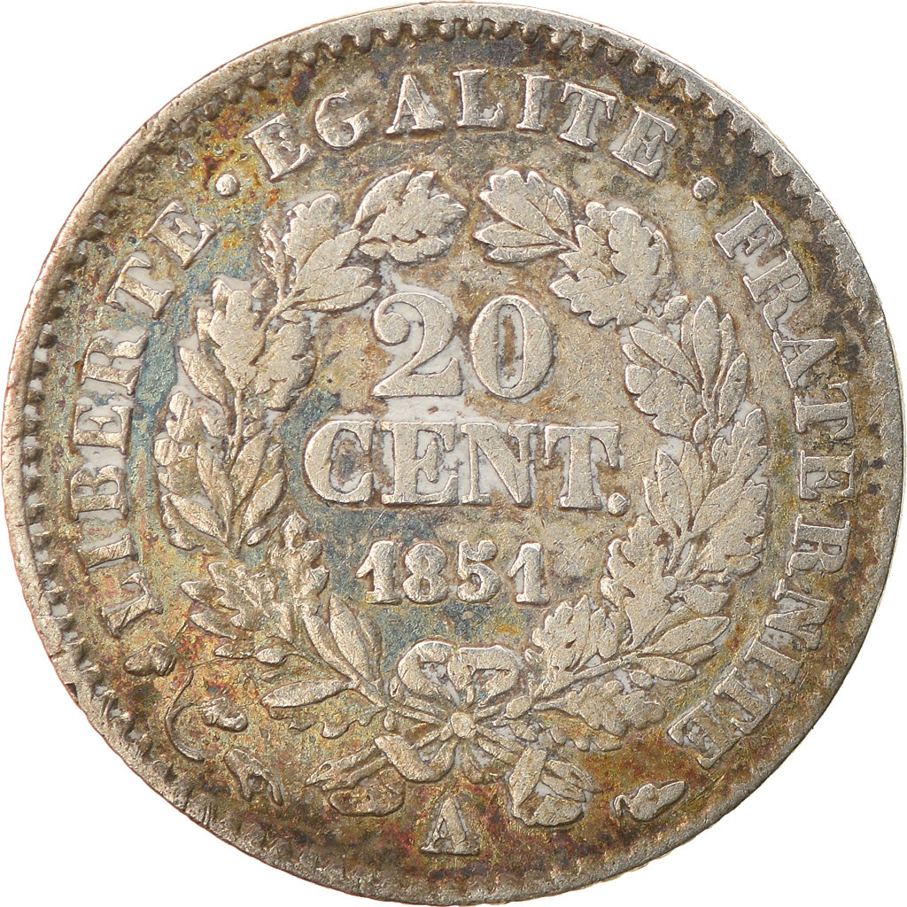 Moneda, Francia, Cérès, 20 Centimes, 1851, Paris, BC+, Plata, KM:758.1