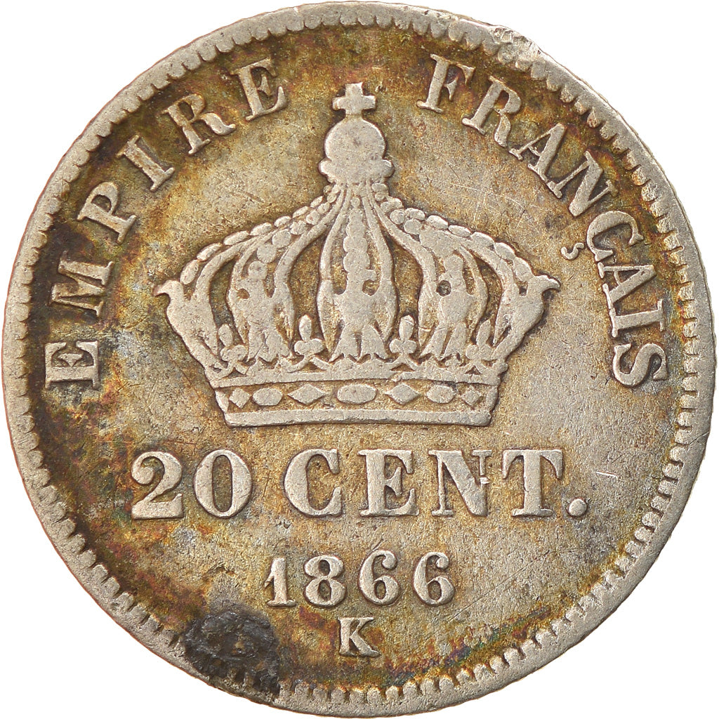Moneda, Francia, Napoleon III, Napoléon III, 20 Centimes, 1866, Bordeaux, BC+