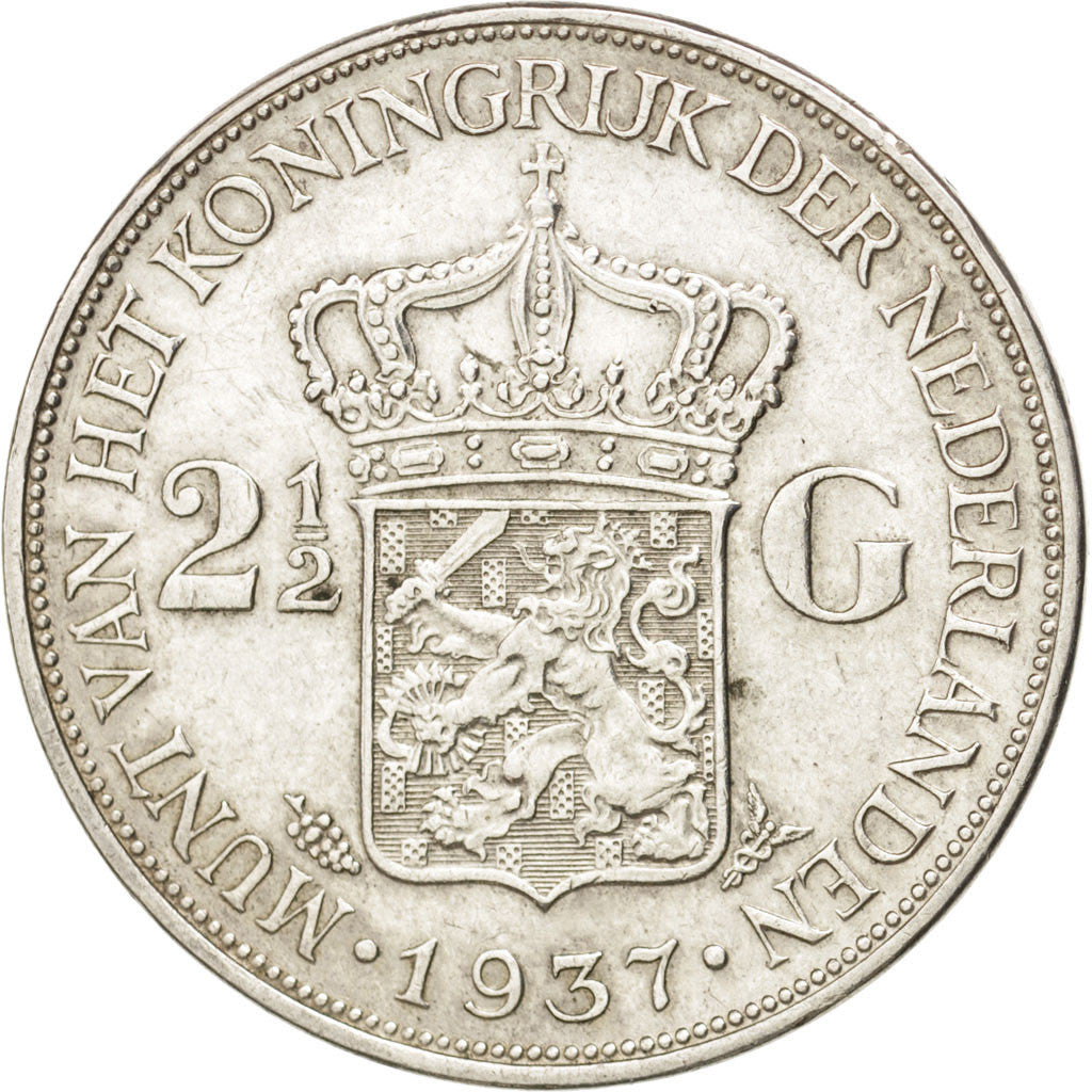 Coin, Netherlands, Wilhelmina I, 2-1/2 Gulden, 1937, AU(50-53), Silver, KM:165
