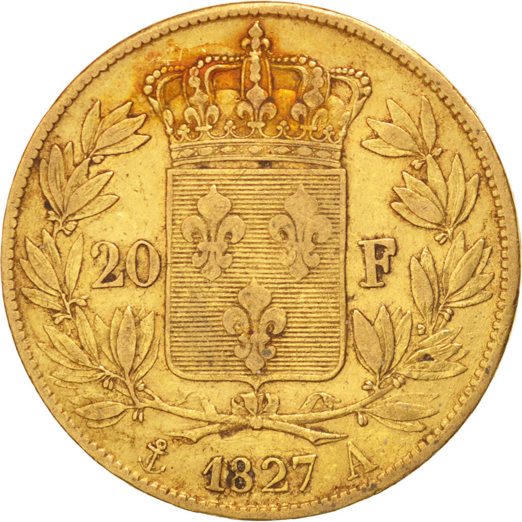 FRANCE, Charles X, 20 Francs, 1827, Paris, KM #726.1, VF(30-35), Gold, Gadoury..