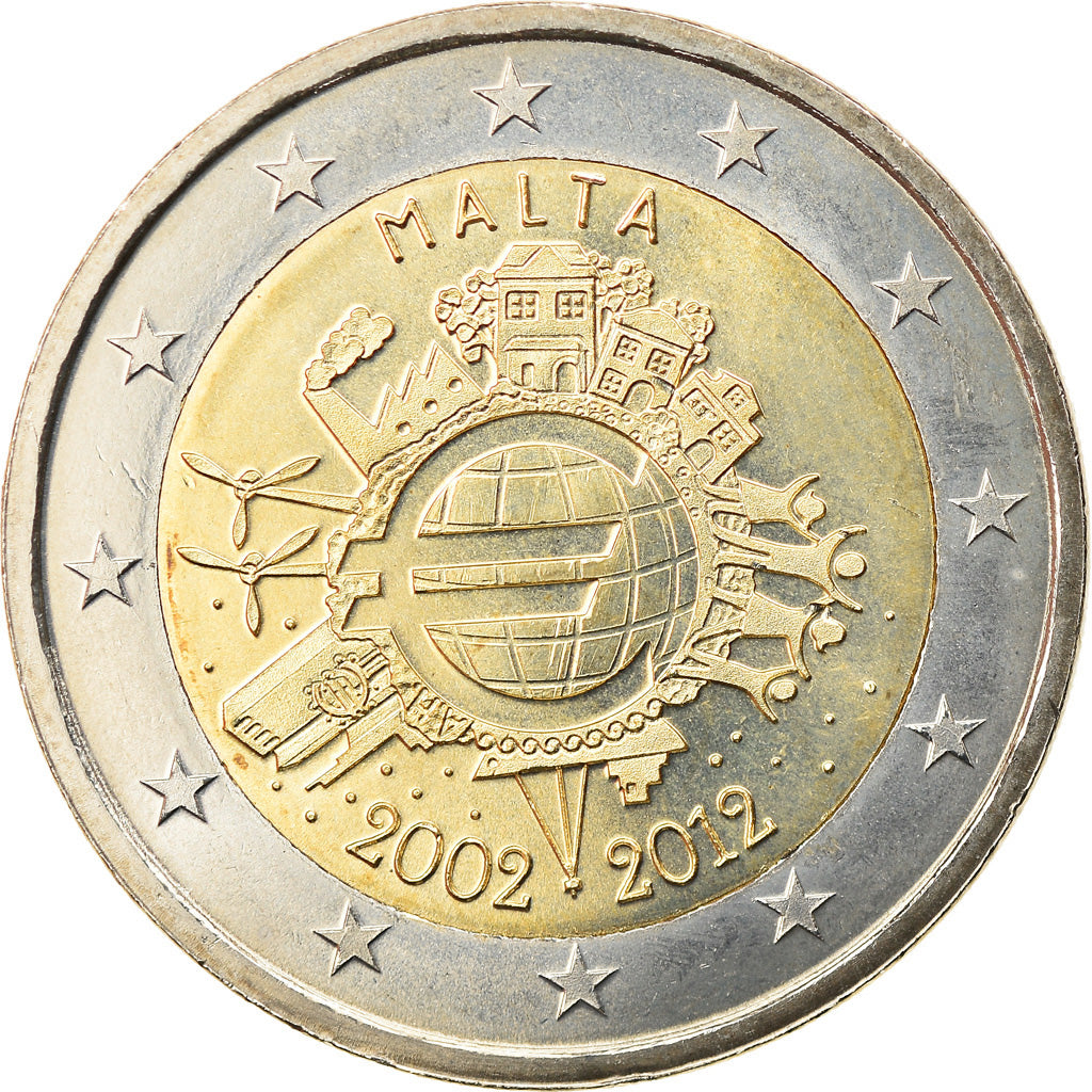 Malta, 2 Euro, 10 ans de l'Euro, 2012, MS(63), Bi-Metallic, KM:139
