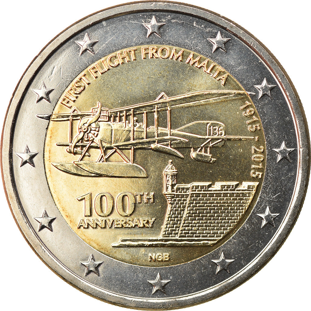 Malte, 2 Euro, 100ème anniversaire du 1er Vol, 2015, Paris, SPL, Bi-Metallic