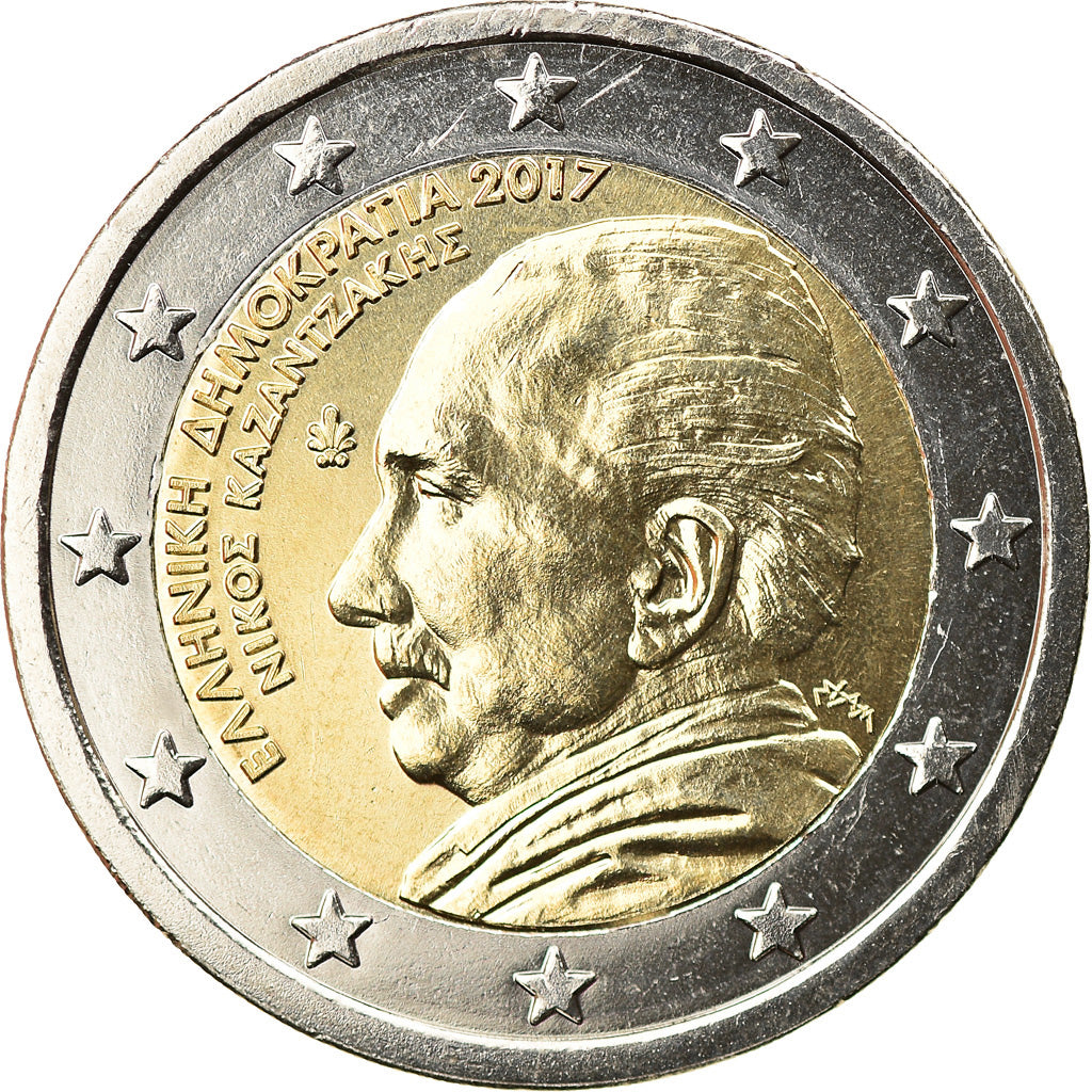 Greece, 2 Euro, Nikos Kazantzakis, 2017, Athens, MS(63), Bi-Metallic