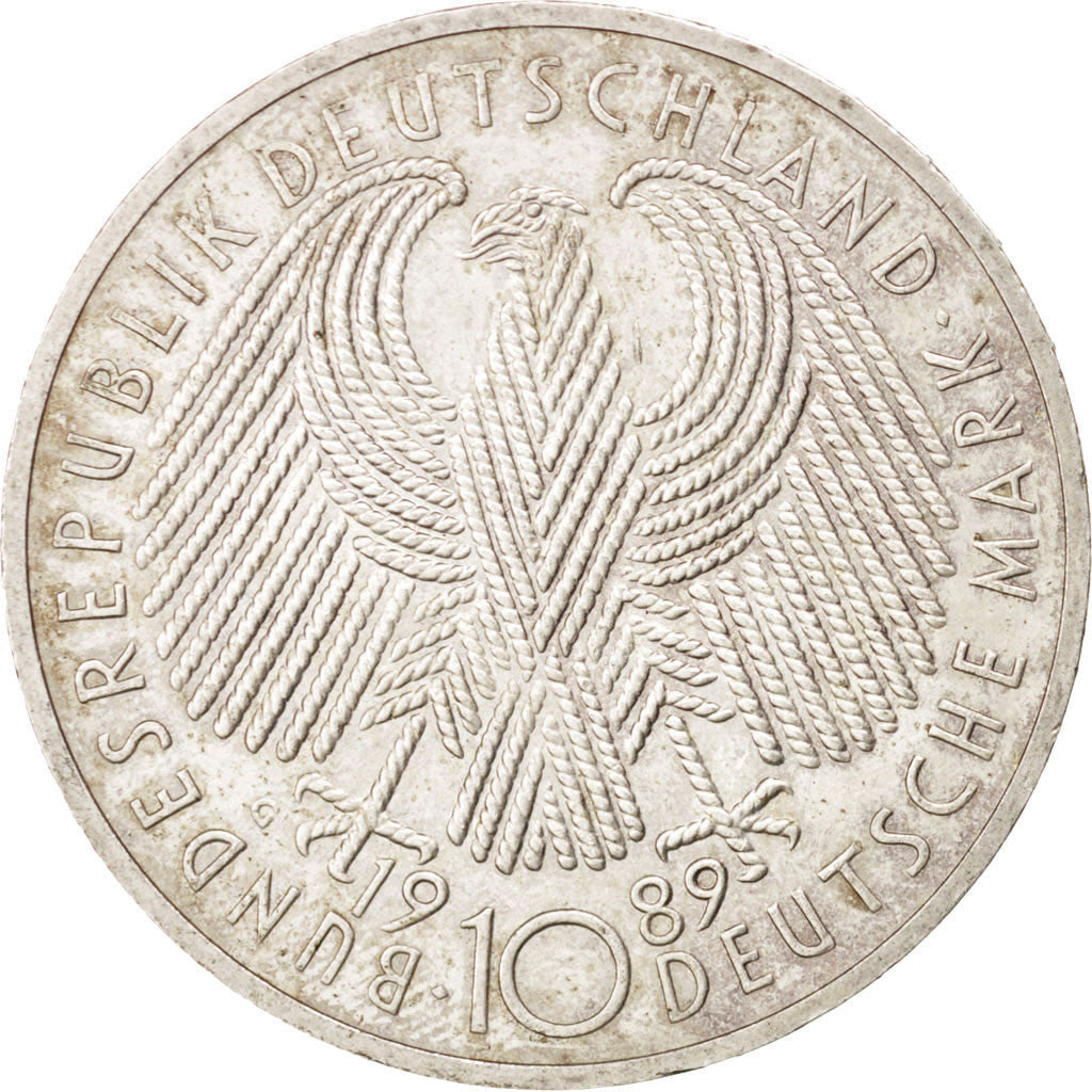 GERMANY - FEDERAL REPUBLIC, 10 Mark, 1989, Karlsruhe, KM #173, AU(55-58),...