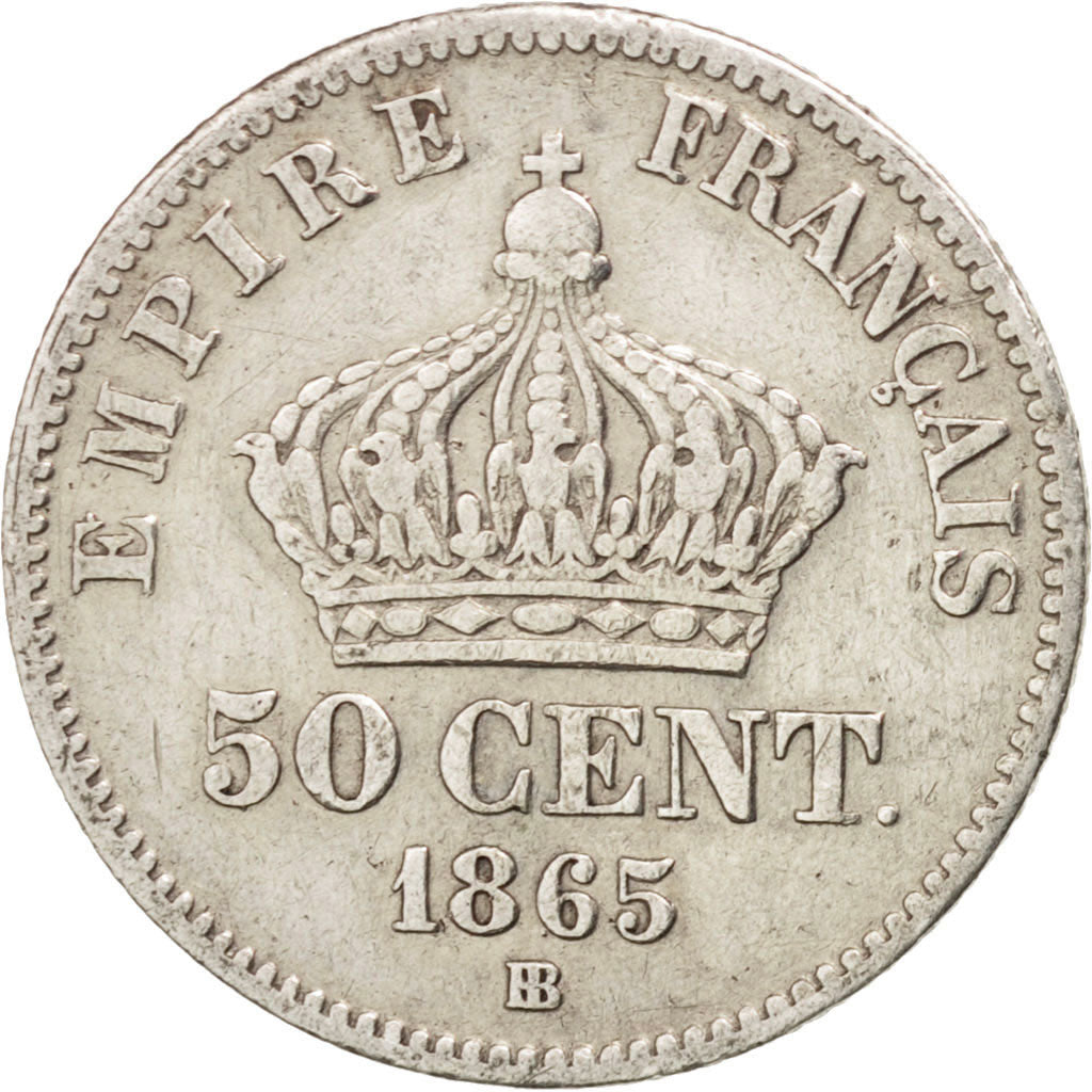 FRANCE, Napoléon III, 50 Centimes, 1865, Strasbourg, KM #814.2, VF(20-25), S...