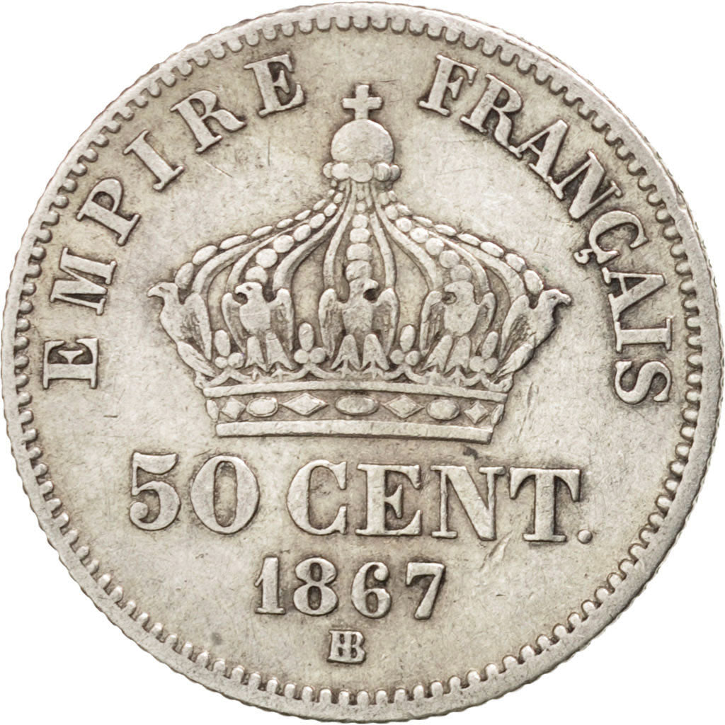 FRANCE, Napoléon III, 50 Centimes, 1867, Strasbourg, KM #814.2, VF(30-35), S...