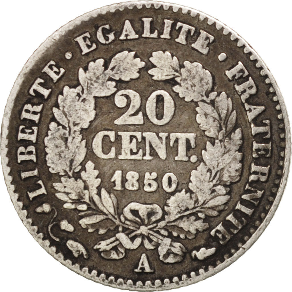 FRANCE, Cérès, 20 Centimes, 1850, Paris, KM #758.1, VF(30-35), Silver, Gadoury #