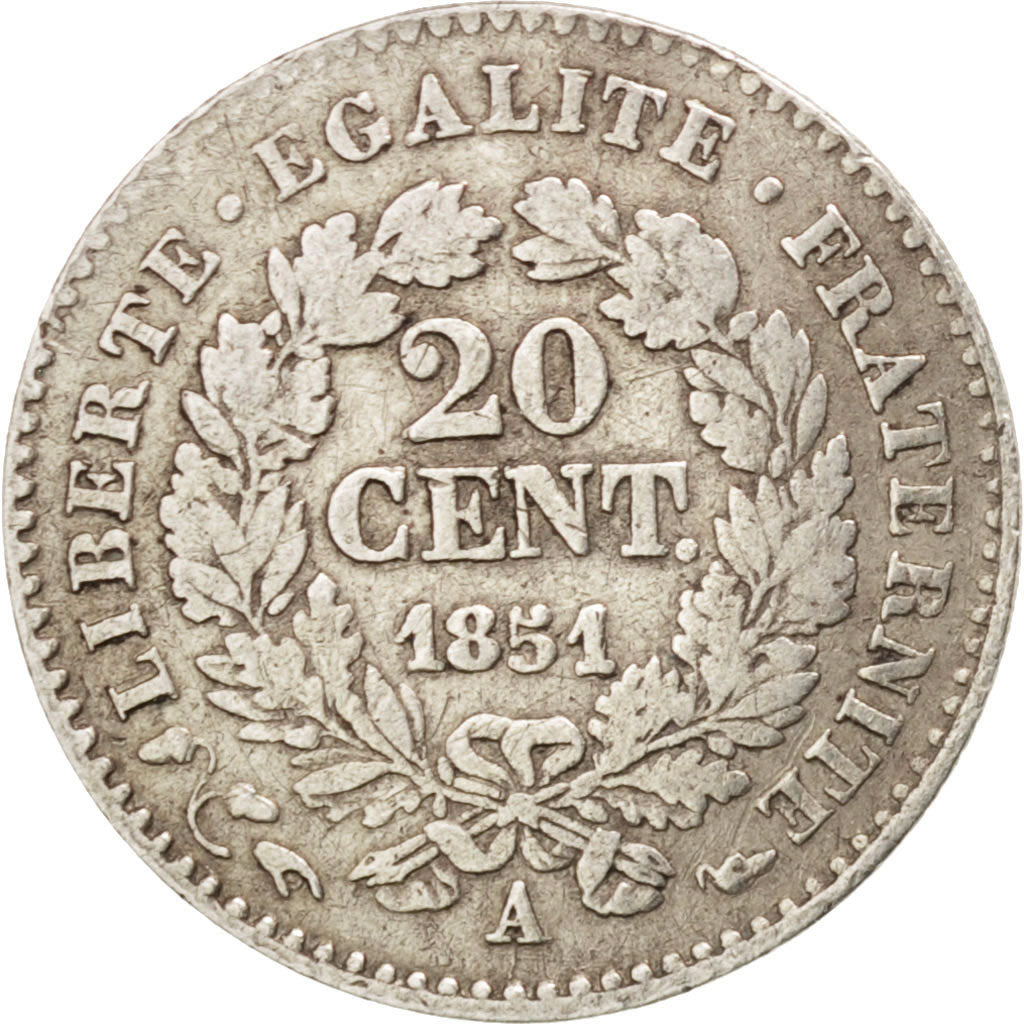 FRANCE, Cérès, 20 Centimes, 1851, Paris, KM #758.1, VF(20-25), Silver, Gadoury #