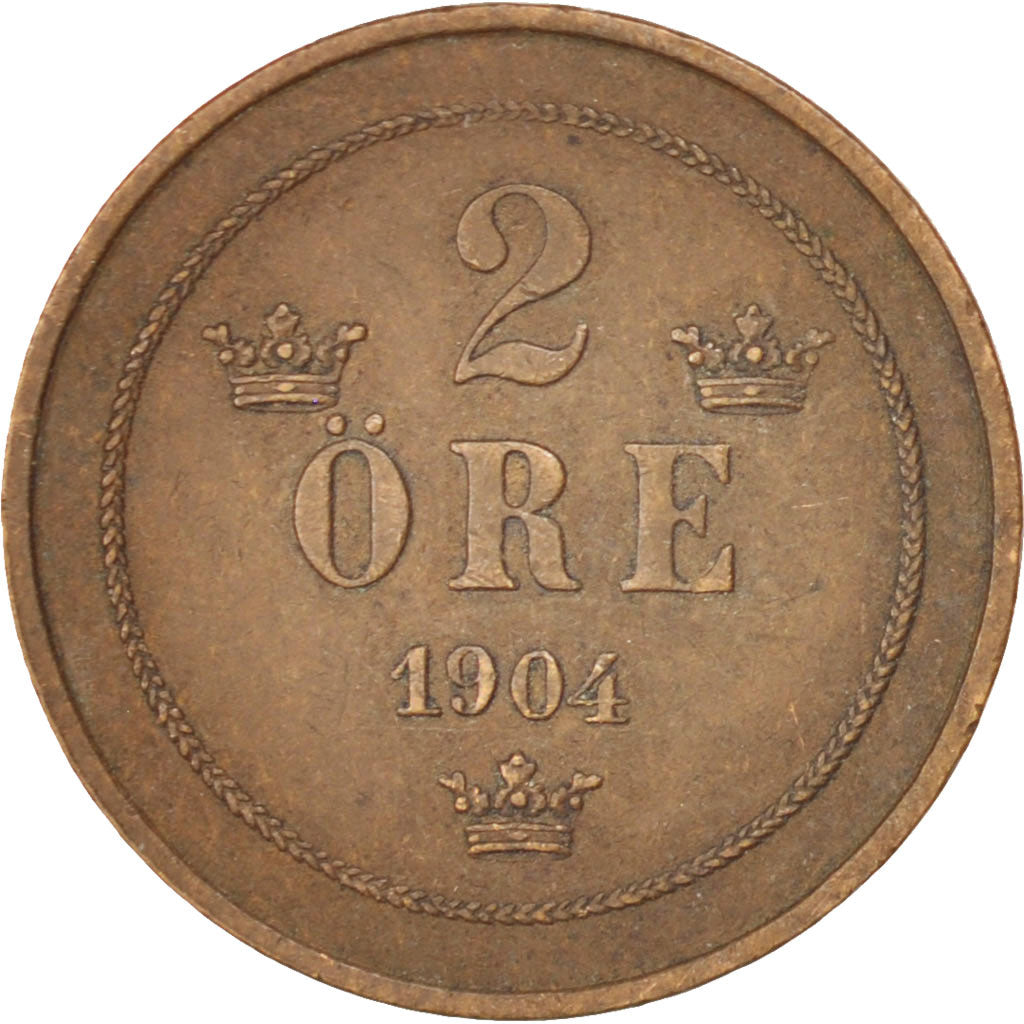 SWEDEN, 2 Ore, 1904, KM #746, EF(40-45), Bronze, 21, 4.10