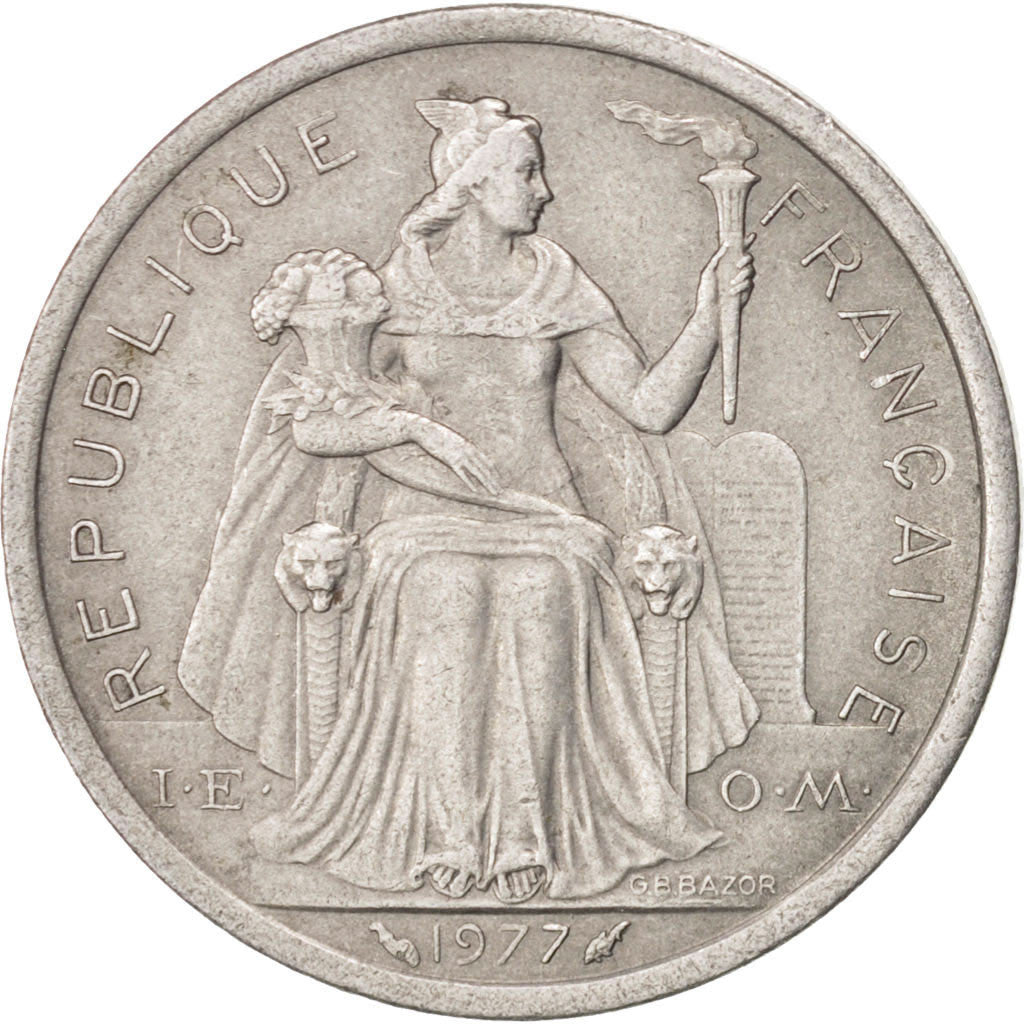 FRENCH POLYNESIA, 2 Francs, 1977, Paris, KM #10, EF(40-45), Aluminum, 27,...