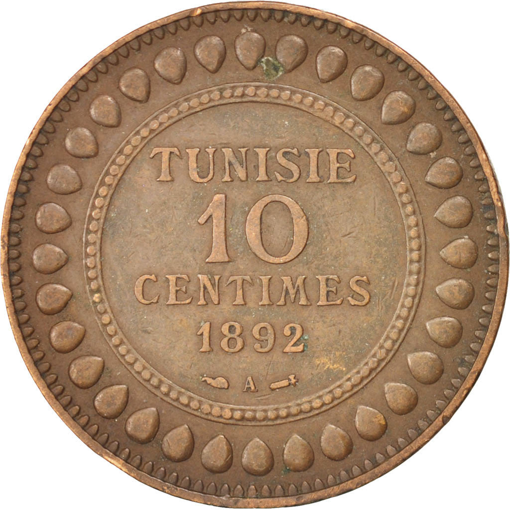 TUNISIA, 10 Centimes, 1892, Paris, KM #222, EF(40-45), Bronze, Lecompte #95,...