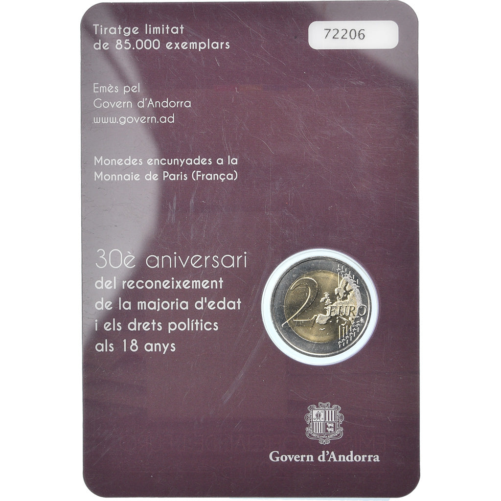 Andorra, 2 Euro, Majorité à 18 ans, 2015, BU, MS(65-70), Bi-Metallic