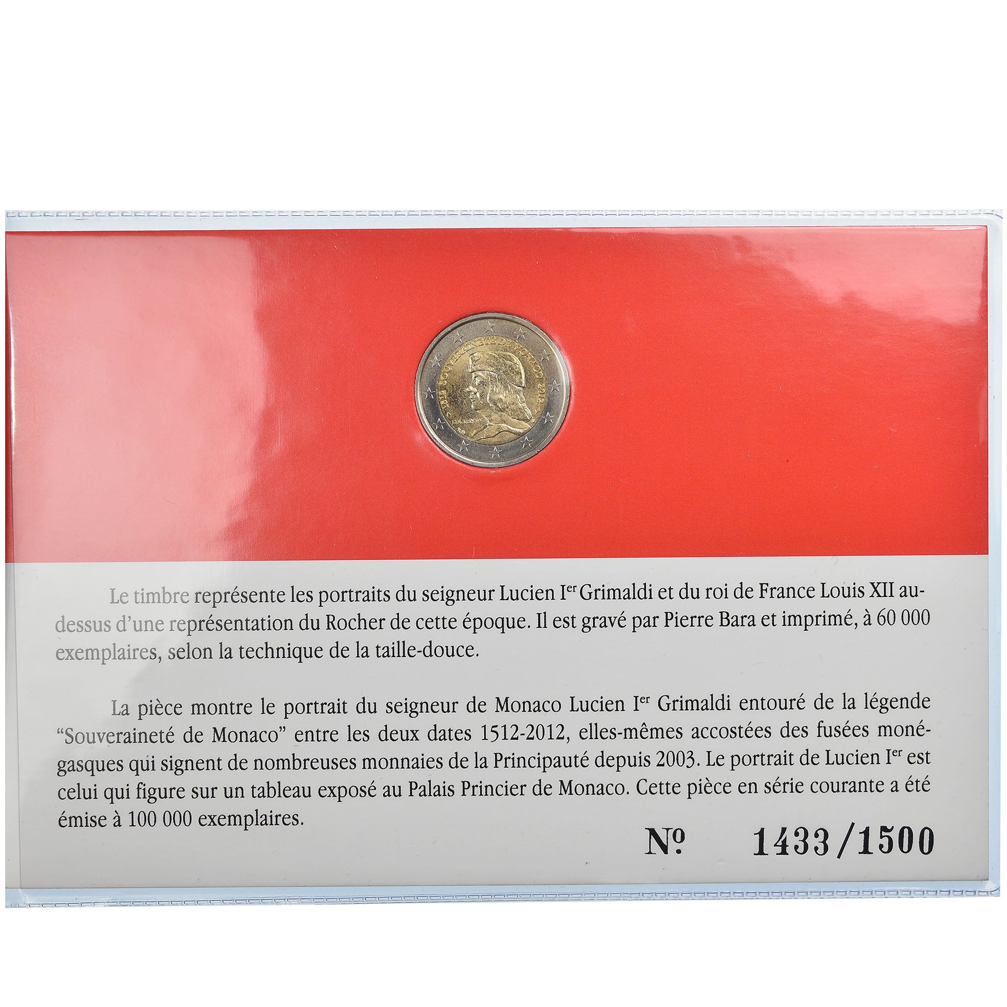 Monaco, 2 Euro, Lucien Ier de Monaco, 2012, Paris, Coin card, MS(65-70)