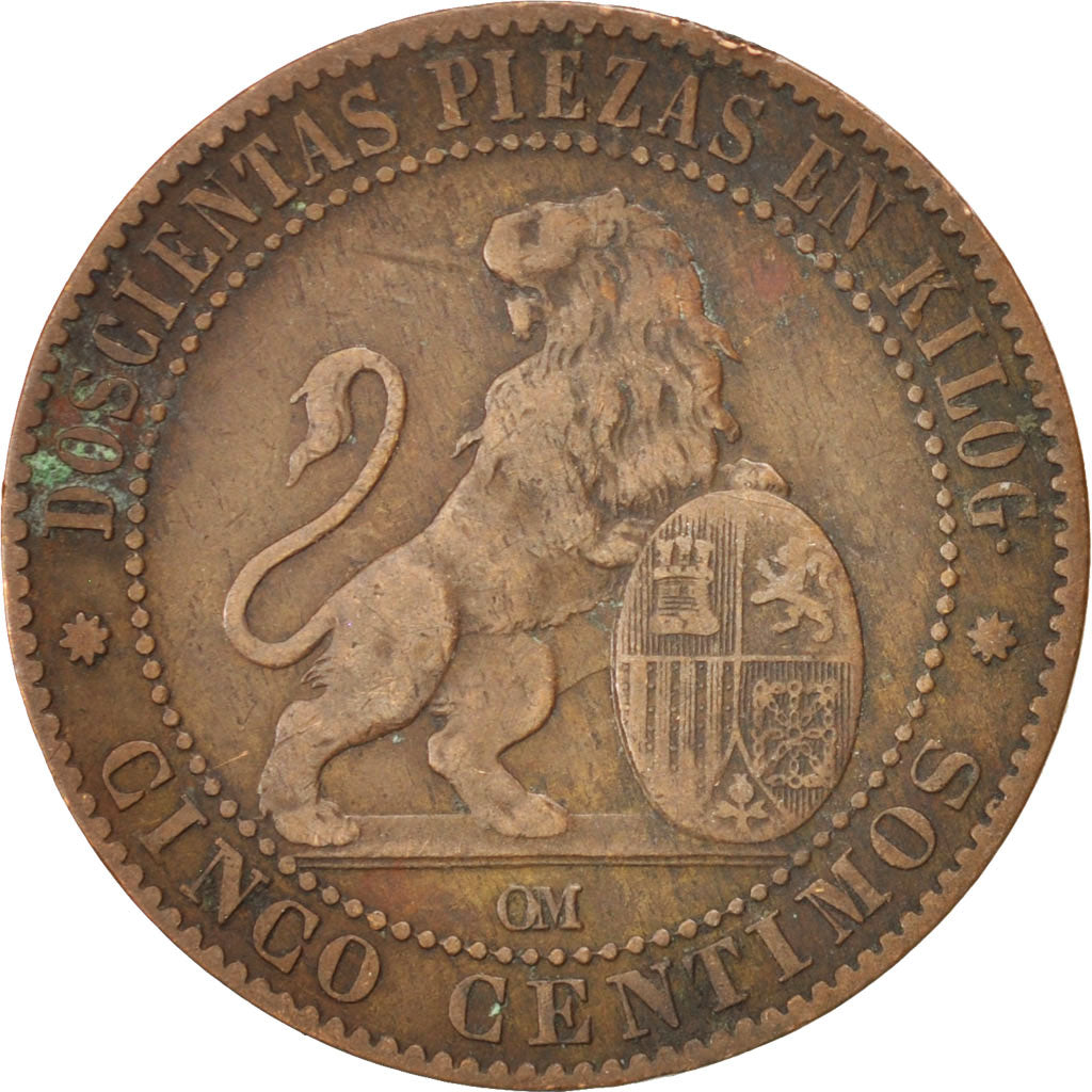 Spain, 5 Centimos, 1870, KM #662, VF(20-25), Copper, 5.01