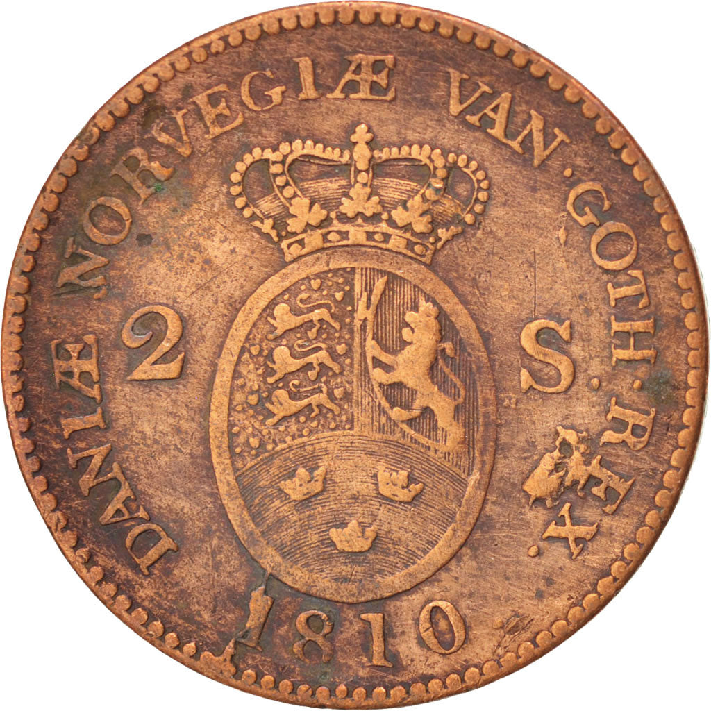DENMARK, 2 Skilling, 1810, KM #663, VF(20-25), Copper, 4.90