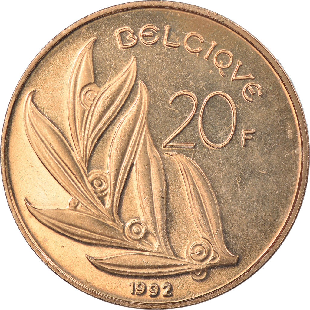 Coin, Belgium, 20 Francs, 20 Frank, 1992, BU, MS(65-70), Nickel-Bronze, KM:159